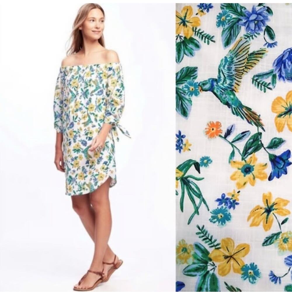 NEW OLD NAVY WHITE OFF SHOULDER DRESS BRIGHT FLORAL PARROT LINED COTTON DRESS XS